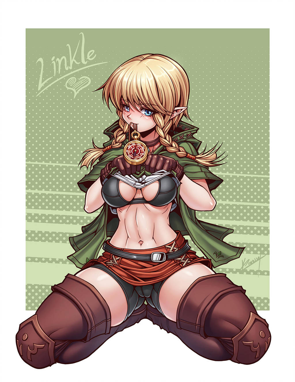 2018 blonde_hair blue_eyes breasts camel_toe clothed clothing compass female hair humanoid hylian inviting karosu-maker kneeling linkle navel nintendo simple_background smile solo the_legend_of_zelda video_games