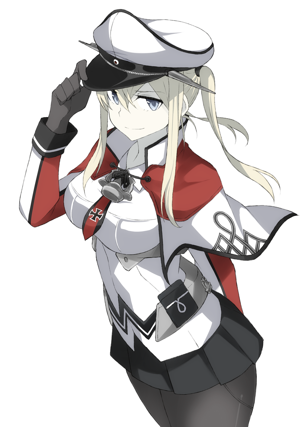 anchor arm_behind_back arms_behind_back artist_name bangs black_gloves black_legwear black_skirt blonde_hair blue_eyes breasts capelet celtic_knot closed_mouth collared_shirt cover cover_page cowboy_shot doujin_cover english eyebrows eyebrows_visible_through_hair gloves graf_zeppelin_(kantai_collection) hair_between_eyes hair_ornament hand_on_headwear hat highres iron_cross kantai_collection large_breasts long_hair long_sleeves looking_at_viewer military military_uniform miniskirt necktie pale_skin pantyhose peaked_cap pleated_skirt shirt sidelocks simple_background skirt smile solo souji twintails uniform white_background white_shirt