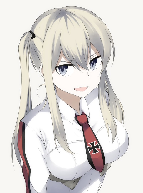 bad_id bad_tumblr_id bangs blue_eyes breasts collared_shirt eyebrows eyebrows_visible_through_hair graf_zeppelin_(kantai_collection) grey_background grey_hair hair_between_eyes hair_ornament iron_cross kantai_collection large_breasts long_hair looking_at_viewer necktie no_hat no_headwear open_mouth pale_skin shirt sidelocks simple_background smile solo souji twintails underbust upper_body white_shirt