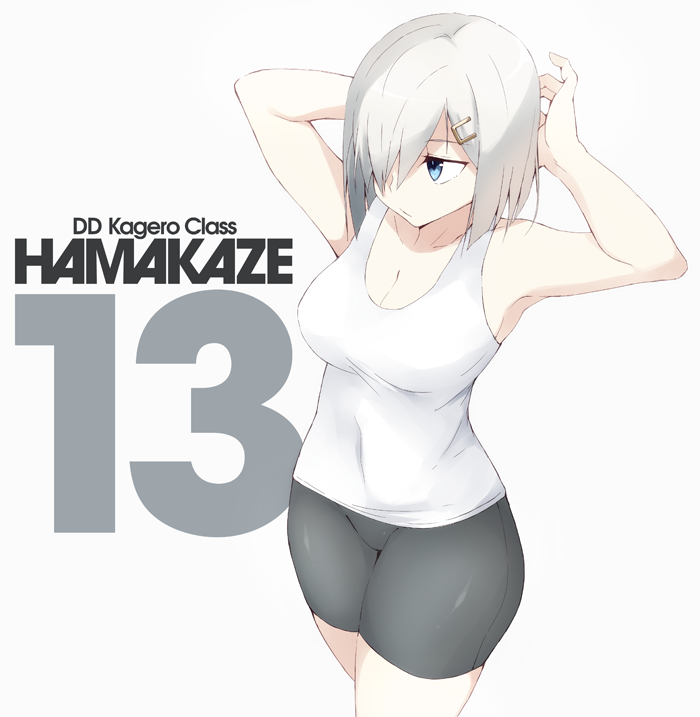 alternate_costume arms_behind_head arms_up bare_shoulders bike_shorts blue_eyes breasts character_name cleavage collarbone covered_navel cowboy_shot eyebrows eyebrows_visible_through_hair grey_background groin hair_ornament hair_over_one_eye hairclip hamakaze_(kantai_collection) kantai_collection large_breasts number shirt short_hair silver_hair simple_background sleeveless sleeveless_shirt solo souji white_shirt