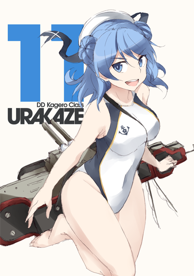 alternate_costume anchor_symbol bad_id bad_twitter_id bangs bare_arms bare_legs barefoot blue_eyes blue_hair breasts character_name collarbone competition_swimsuit double_bun eyebrows eyebrows_visible_through_hair groin hat kantai_collection large_breasts leg_up looking_to_the_side machinery number one-piece_swimsuit open_mouth sailor_hat simple_background sleeveless solo souji swimsuit urakaze_(kantai_collection) white_hat