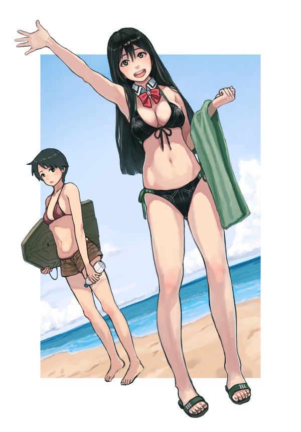 :d arm_up bangs barefoot beach bikini bikini_bottom bikini_top blue_sky bottle bow bowtie breasts chikuma_(kantai_collection) cleavage cloud commentary_request day detached_collar dutch_angle front-tie_top full_body gufu_(guffuumu) hair_between_eyes holding holding_bottle kantai_collection kickboard long_hair medium_breasts mogami_(kantai_collection) multiple_girls navel ocean open_mouth sandals short_hair short_shorts shorts side-tie_bikini sketch sky smile swimsuit towel water_bottle waving