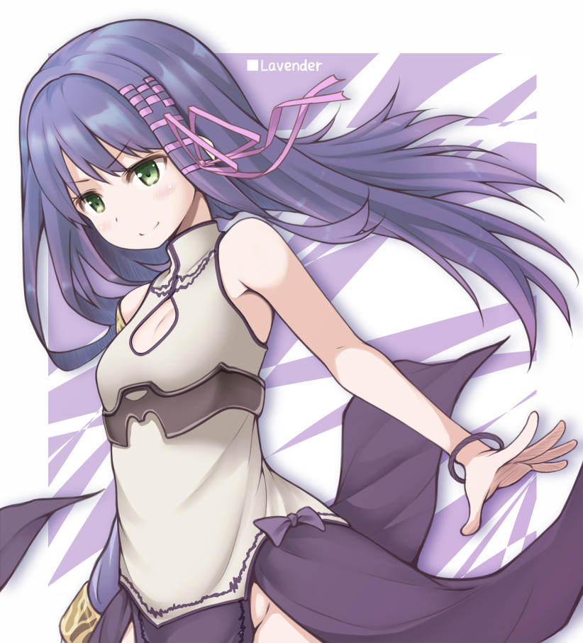 bad_id bad_pixiv_id big_wednesday black_skirt bracelet breasts character_name cleavage cowboy_shot flower_knight_girl green_eyes hair_ribbon jewelry lavender_(flower_knight_girl) long_hair looking_at_viewer pink_ribbon purple_hair ribbon skirt small_breasts smile solo tress_ribbon