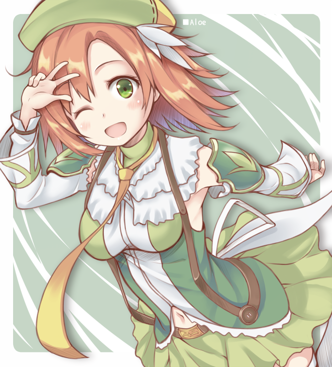 ;d aloe_(flower_knight_girl) arm_warmers bad_id bad_pixiv_id big_wednesday brown_hair copyright_name cowboy_shot flower_knight_girl green green_background green_eyes green_hat green_skirt hat looking_at_viewer navel necktie one_eye_closed open_mouth short_hair skirt smile solo v yellow_neckwear