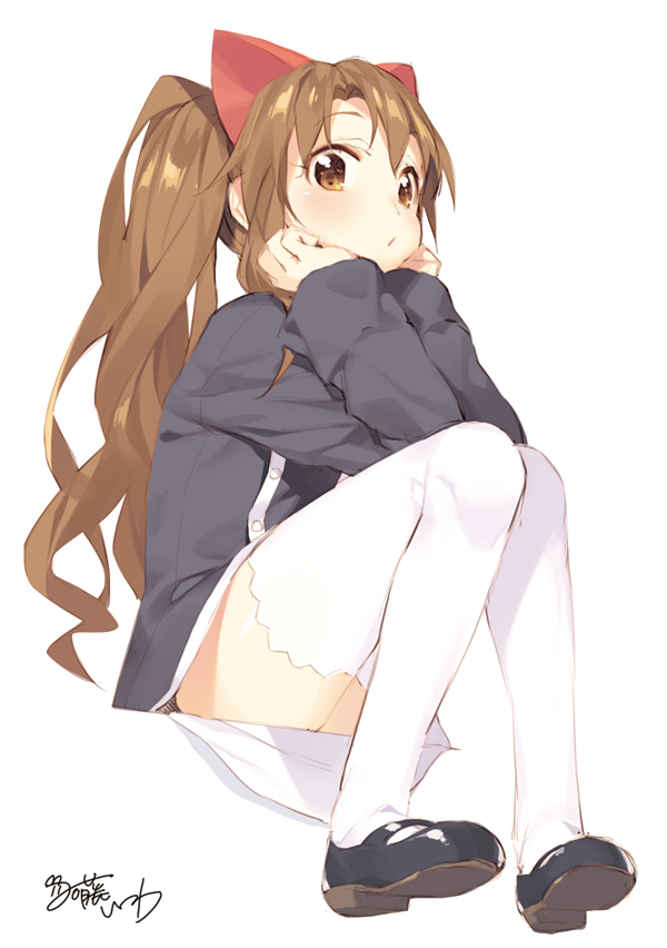 aloe_(quiz_magic_academy) blush brown_eyes brown_hair katou_itsuwa long_hair looking_at_viewer mary_janes quiz_magic_academy shoes simple_background sitting solo thighhighs twintails white_background white_legwear