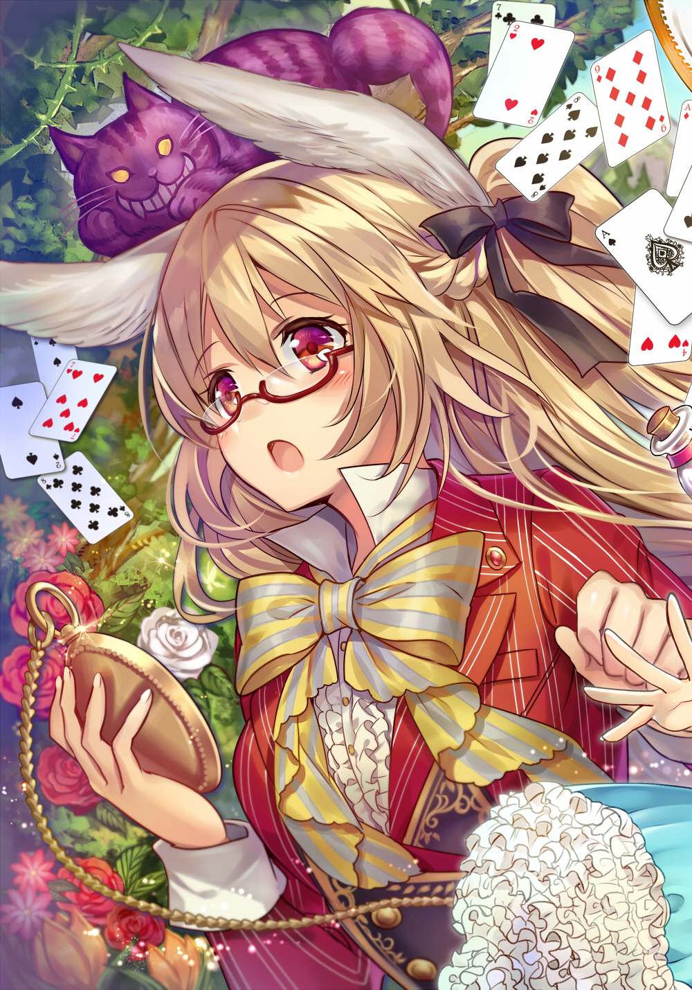 alice_in_wonderland animal_ears bangs black_bow blonde_hair blue_dress blue_sky blush bottle bow bowtie bunny_ears card cat cheshire_cat collaboration cosplay dress empty_eyes eyebrows eyebrows_visible_through_hair fang flower formal frilled_dress frills glasses hair_between_eyes hair_bow highres holding kurata_rine long_hair madogawa multiple_girls open_mouth original pocket_watch red_eyes rose sky smile solo_focus suit tree watch white_rabbit white_rabbit_(cosplay) yellow_eyes