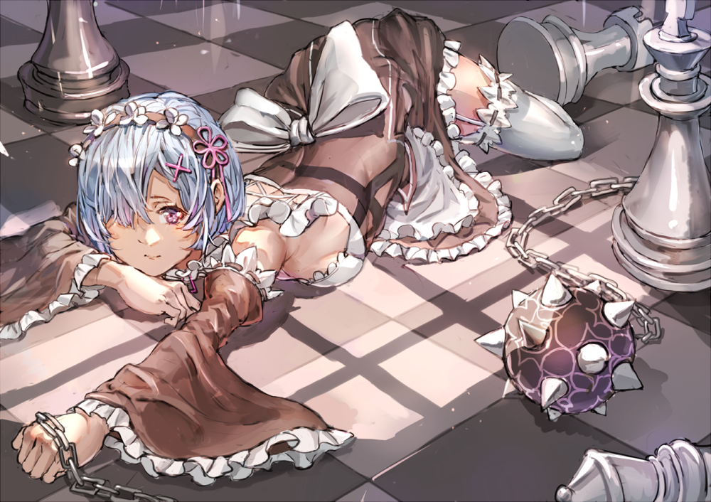 alternate_eye_color apron arm_up ball_and_chain black_ribbon blue_hair board_game bow breasts checkered checkered_floor chess chess_piece closed_mouth detached_sleeves dress eyelashes flail frilled_apron frilled_dress frilled_sleeves frills garter_straps garters hair_ornament hair_over_one_eye hairband hairclip holding holding_weapon king_(chess) looking_at_viewer lying maid medium_breasts morning_star on_floor on_stomach oversized_object purple_eyes purple_ribbon re:zero_kara_hajimeru_isekai_seikatsu rem_(re:zero) ribbon rook_(chess) sadoxi11 short_hair solo spikes thighhighs weapon white_apron white_bow white_legwear wide_sleeves window_shade x_hair_ornament