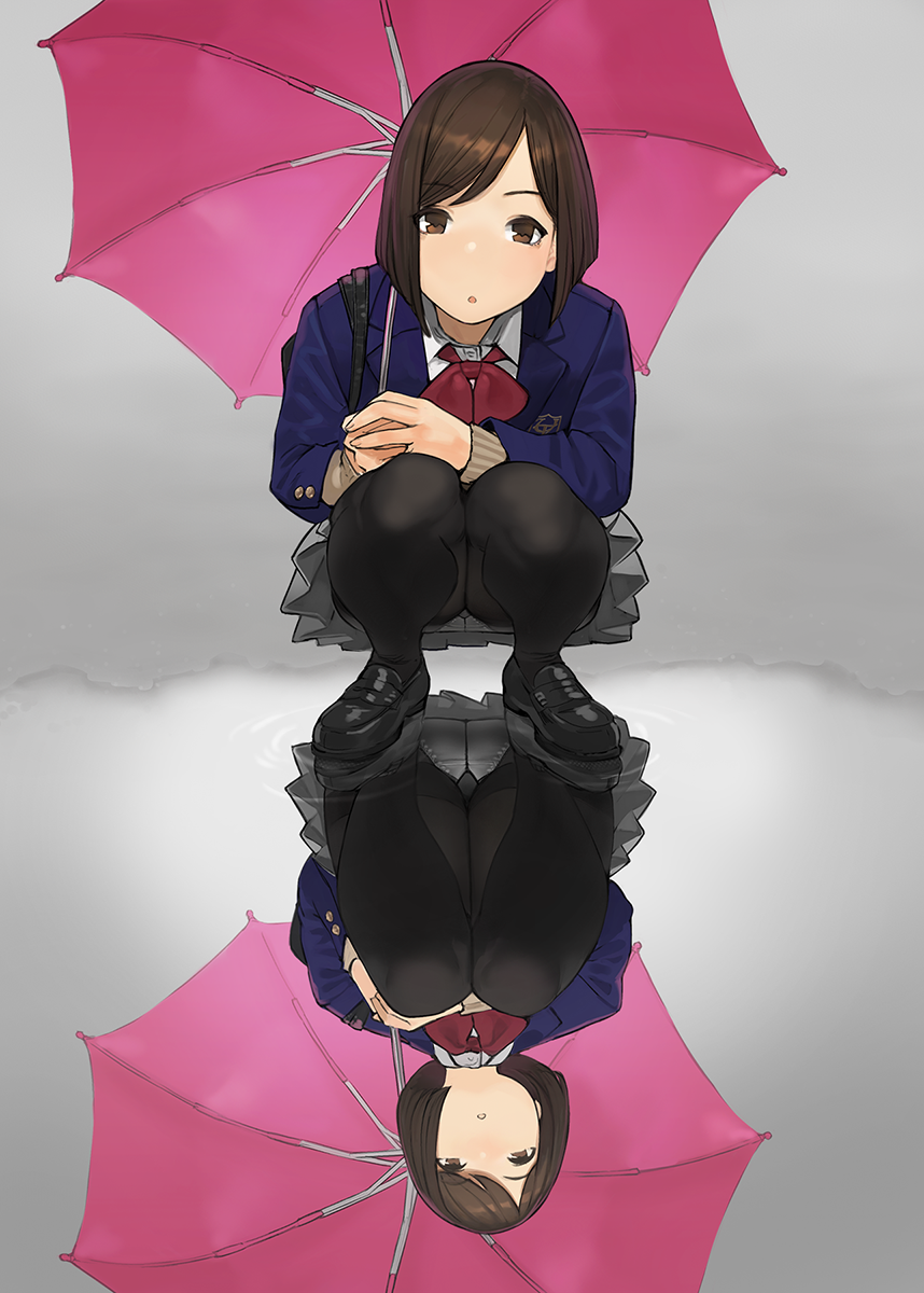 1girl ass bangs black_legwear blazer blue_jacket blush bob_cut brown_eyes brown_hair commentary_request eyebrows_visible_through_hair gusset highres holding holding_umbrella jacket knees_together_feet_apart loafers long_sleeves looking_at_viewer neckerchief open_mouth original panties panties_under_pantyhose pantyhose pantyshot pantyshot_(squatting) pleated_skirt red_neckwear reflection school_uniform shirt shoes short_hair simple_background skirt solo squatting thighband_pantyhose umbrella underwear upskirt white_panties white_shirt yomu_(sgt_epper)