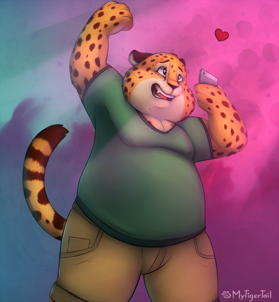 2016 anthro belly blush cellphone cheetah chub clawhauser clothed clothing digital_media_(artwork) disney dpz feline fur invalid_tag male mammal mytigertail nipples officer overweight phone show simple_background slightly_chubby solo zootopia