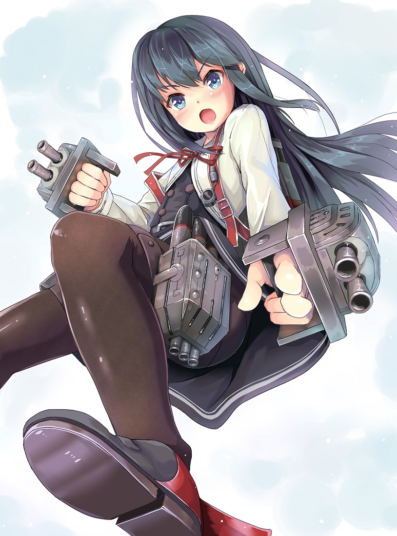 asashio_(kantai_collection) belt black_hair black_legwear blue_eyes cannon dress kantai_collection long_hair long_sleeves machinery neck_ribbon nyafu_(moai_lion) open_mouth pantyhose pinafore_dress red_ribbon remodel_(kantai_collection) ribbon school_uniform solo sweater torpedo turret