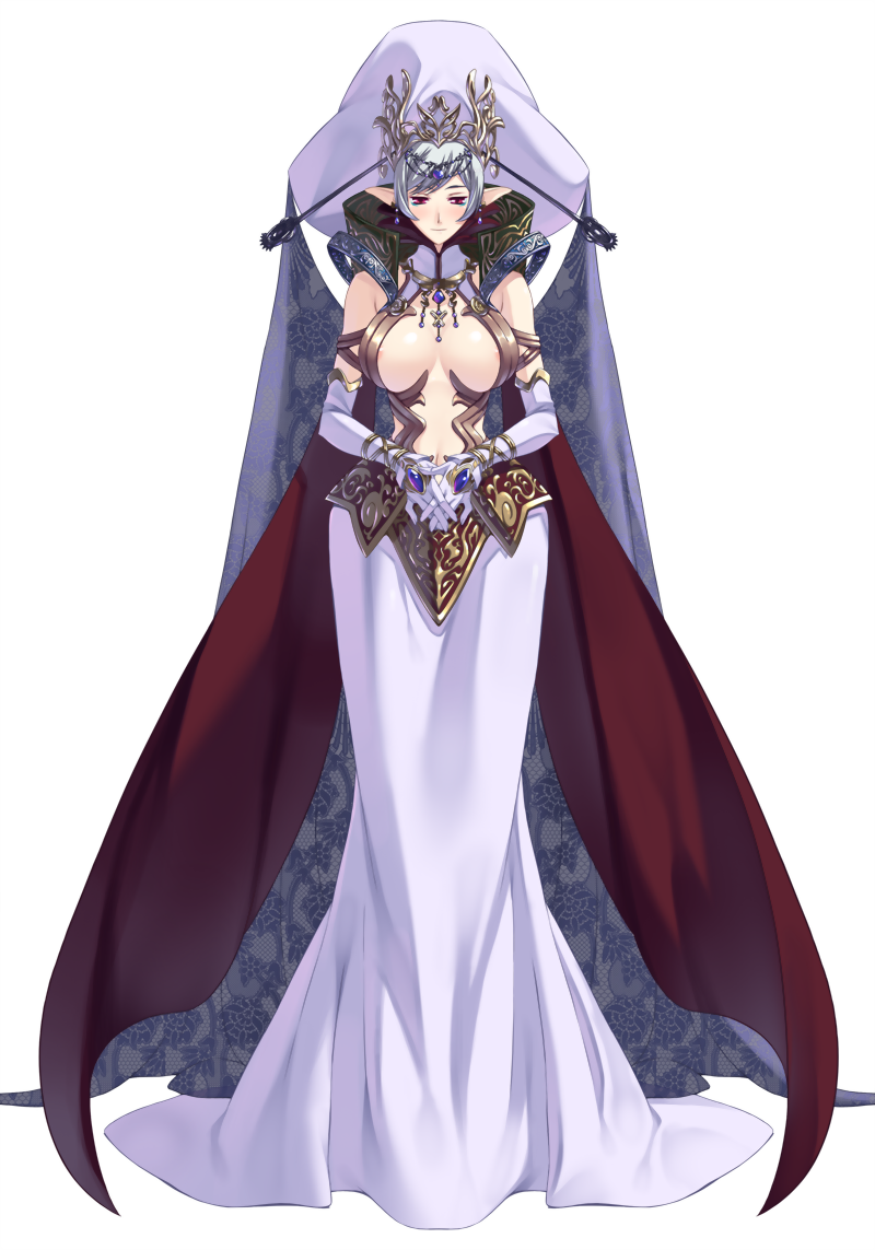breasts cape cleavage cleavage_cutout crown dress elbow_gloves full_body gem gloves green_hair imanaka_koutarou jewelry large_breasts pointy_ears purple_eyes rune_lord short_hair solo standing transparent_background