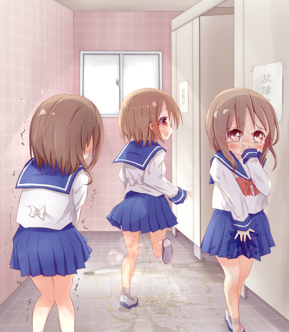 3girls covering covering_crotch covering_mouth have_to_pee knees_together_feet_apart multiple_girls original pee pee_stain peeing peeing_self puddle school_uniform skirt stain tears toilet wet wet_clothes wet_skirt