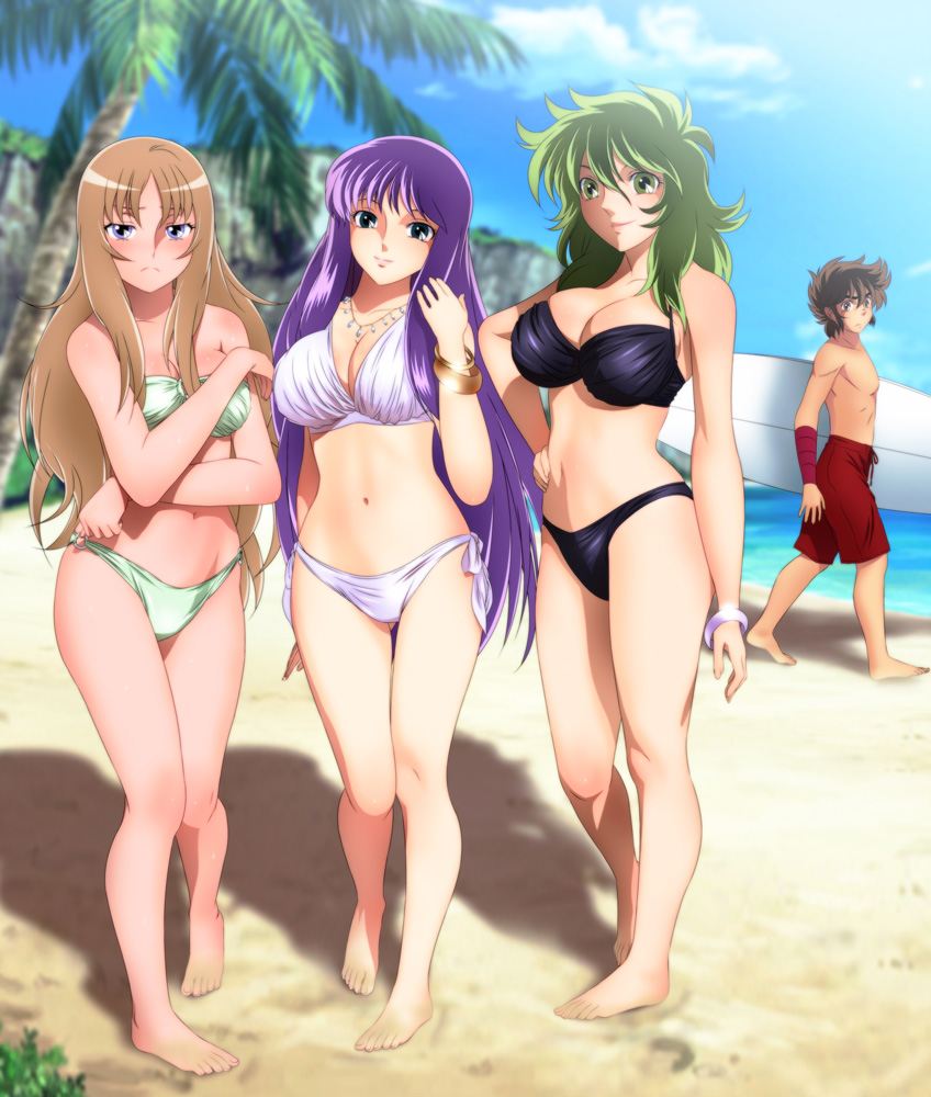 3girls aquila_yuna beach bikini black_bikini blue_eyes breasts brown_eyes brown_hair cleavage collarbone day green_bikini green_eyes green_hair hand_on_hip jewelry kido_saori large_breasts looking_at_viewer medium_breasts multiple_girls navel necklace o-ring o-ring_bikini ophiuchus_shaina outdoors palm_tree pegasus_seiya purple_hair saint_seiya_omega short_hair side-tie_bikini smile spiked_hair swimsuit swimwear tree white_bikini yadokari_genpachirou