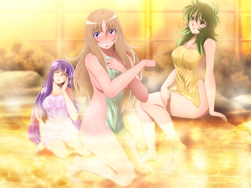 aquila_yuna blue_eyes breasts brown_hair cleavage closed_eyes covering embarrassed green_eyes green_hair green_towel kido_saori kneeling long_hair medium_breasts multiple_girls naked_towel nude_cover onsen ophiuchus_shaina outdoors partially_submerged pink_towel purple_hair saint_seiya_omega sideboob steam towel yadokari_genpachirou yellow_towel