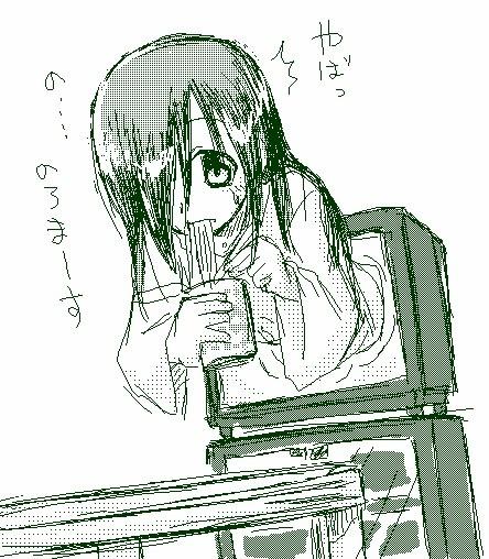 1girl eating food hair_over_one_eye long_hair noodles the_ring translation_request tv yamamura_sadako