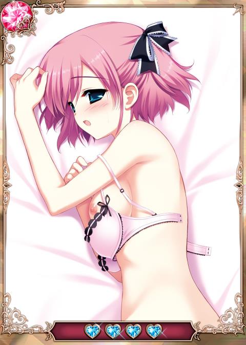 aqua_eyes black_ribbon bra breasts card_(medium) grisaia_(series) grisaia_no_kajitsu hair_ribbon komine_sachi lying medium_breasts nipples on_side open_bra open_mouth pink_bra pink_hair ribbon short_hair solo underwear