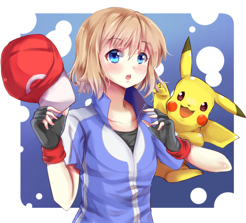 ashujou baseball_cap blonde_hair blue_eyes blush cosplay fingerless_gloves gen_1_pokemon gloves hat open_mouth pikachu pokemon pokemon_(anime) pokemon_(creature) pokemon_xy_(anime) satoshi_(pokemon) satoshi_(pokemon)_(cosplay) serena_(pokemon) short_hair smile