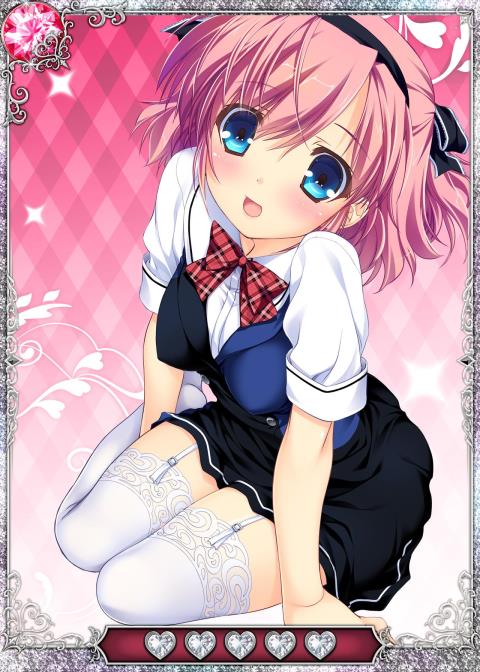 black_ribbon blue_eyes card_(medium) garter_straps grisaia_(series) grisaia_no_kajitsu hair_ribbon kneeling komine_sachi looking_at_viewer open_mouth pink_hair ribbon short_hair solo thighhighs white_legwear