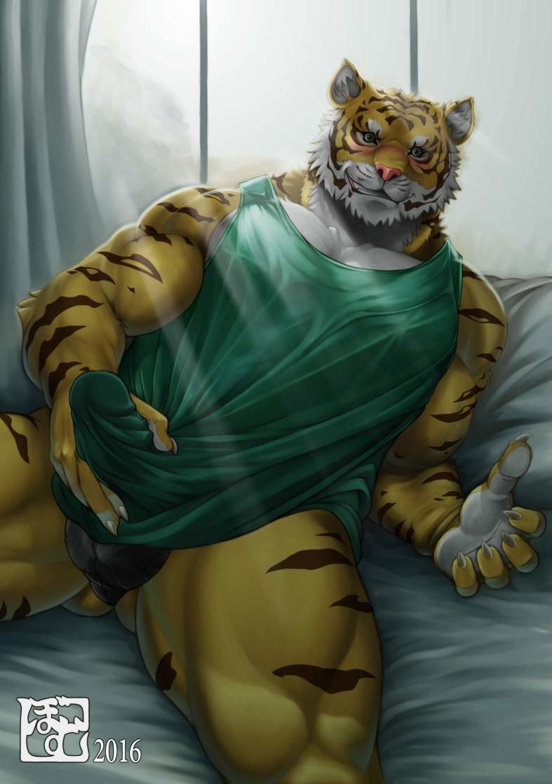 anthro blush bomb_(artist) clothed clothing erection erection_under_clothes feline looking_at_viewer male mammal muscular solo tiger