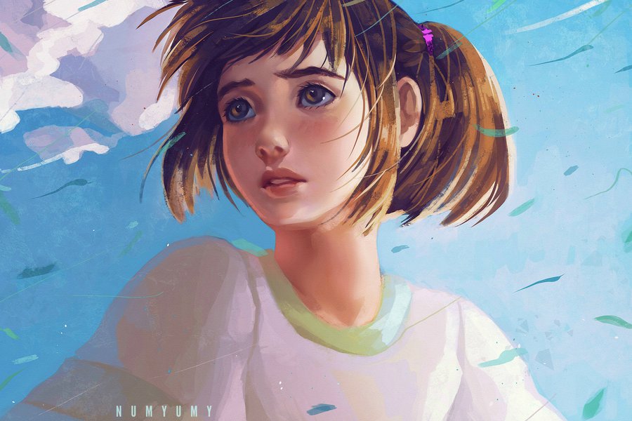 artist_name blue_sky brown_eyes brown_hair cloud day eyebrows hair_tie lips looking_to_the_side nose numyumy ogino_chihiro parted_lips ponytail sen_to_chihiro_no_kamikakushi shirt short_ponytail sky solo studio_ghibli text_focus upper_body watermark white_shirt
