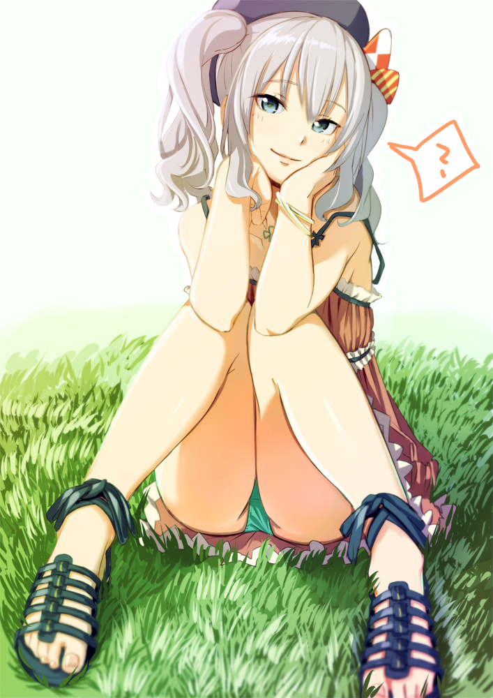 ? aiueonesan_(umanaminoatama) alternate_costume aqua_panties bad_id bad_pixiv_id bare_legs bare_shoulders blue_eyes casual clover collarbone commentary_request dress elbows_on_knees grass green_panties grey_hair hands_on_own_cheeks hands_on_own_face hat kantai_collection kashima_(kantai_collection) light_smile lips long_hair looking_at_viewer no_socks panties pantyshot pantyshot_(sitting) red_dress sandals short_dress silver_hair sitting solo spoken_question_mark strap_slip thighs toes twintails underwear upskirt wavy_hair