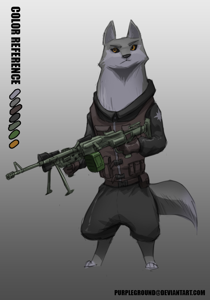 2016 anthro canine clothed clothing fur gradient_background grey_fur gun male mammal purpleground02 ranged_weapon simple_background solo weapon wolf yellow_eyes