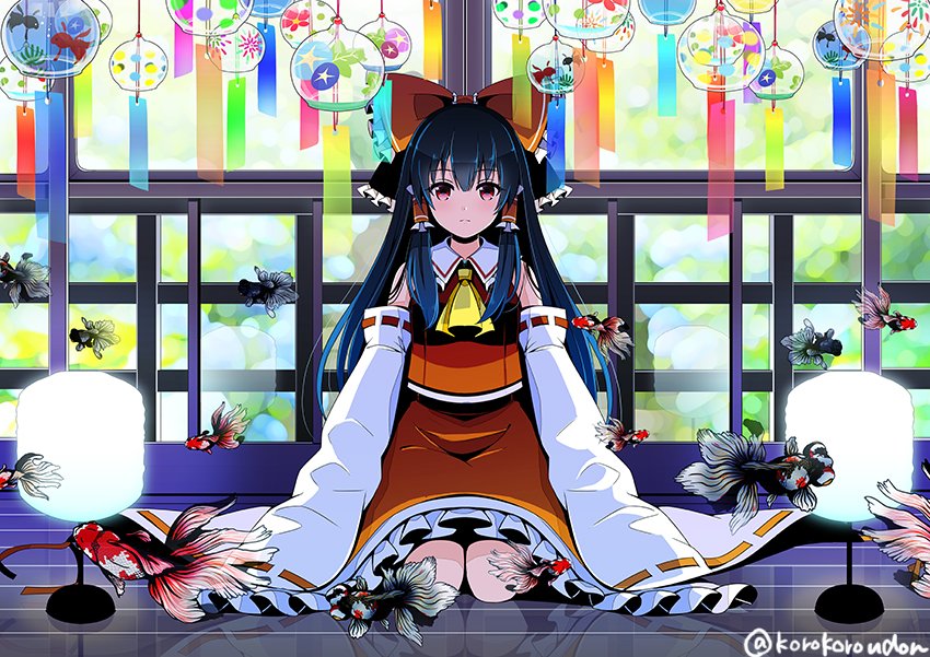 artist_name banned_artist black_hair bow commentary_request detached_sleeves fish frills hair_bow hair_tubes hakurei_reimu koi lamp long_hair long_sleeves looking_at_viewer necktie red_eyes reflective_floor ribbon-trimmed_sleeves ribbon_trim seiza sitting skirt sleeves_past_wrists solo touhou twitter_username very_long_sleeves wide_sleeves wind_chime wooden_floor yuuka_nonoko