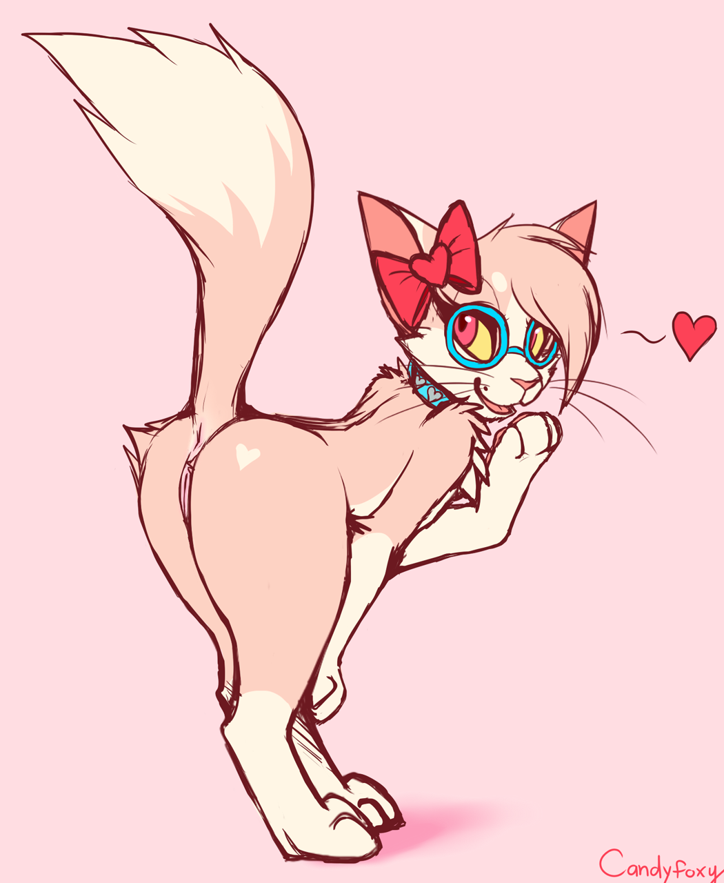 &lt;3 2016 anus bent_over biped butt candyfoxy cat collar eyewear feline female fur glasses hair_bow hair_ribbon hi_res looking_back mammal murcat_(character) pink_background pink_fur presenting presenting_hindquarters pussy raised_tail ribbons semi-anthro simple_background solo