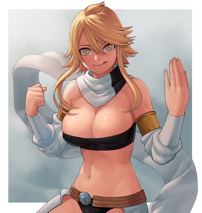 akame_ga_kill! blonde_hair breasts fighting_stance large_breasts lasterk leone licking_lips looking_at_viewer navel scarf short_hair_with_long_locks smile solo stomach tongue tongue_out yellow_eyes