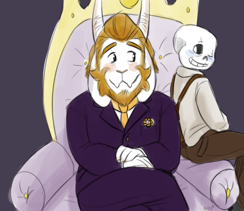 animated_skeleton asgore_dreemurr beard blonde_hair blush bone business_suit caprine chair clothing cute facial_hair hair haruhana horn long_ears male male/male mammal necktie sans_(undertale) skeleton suit suspenders throne undead undermafia undertale video_games