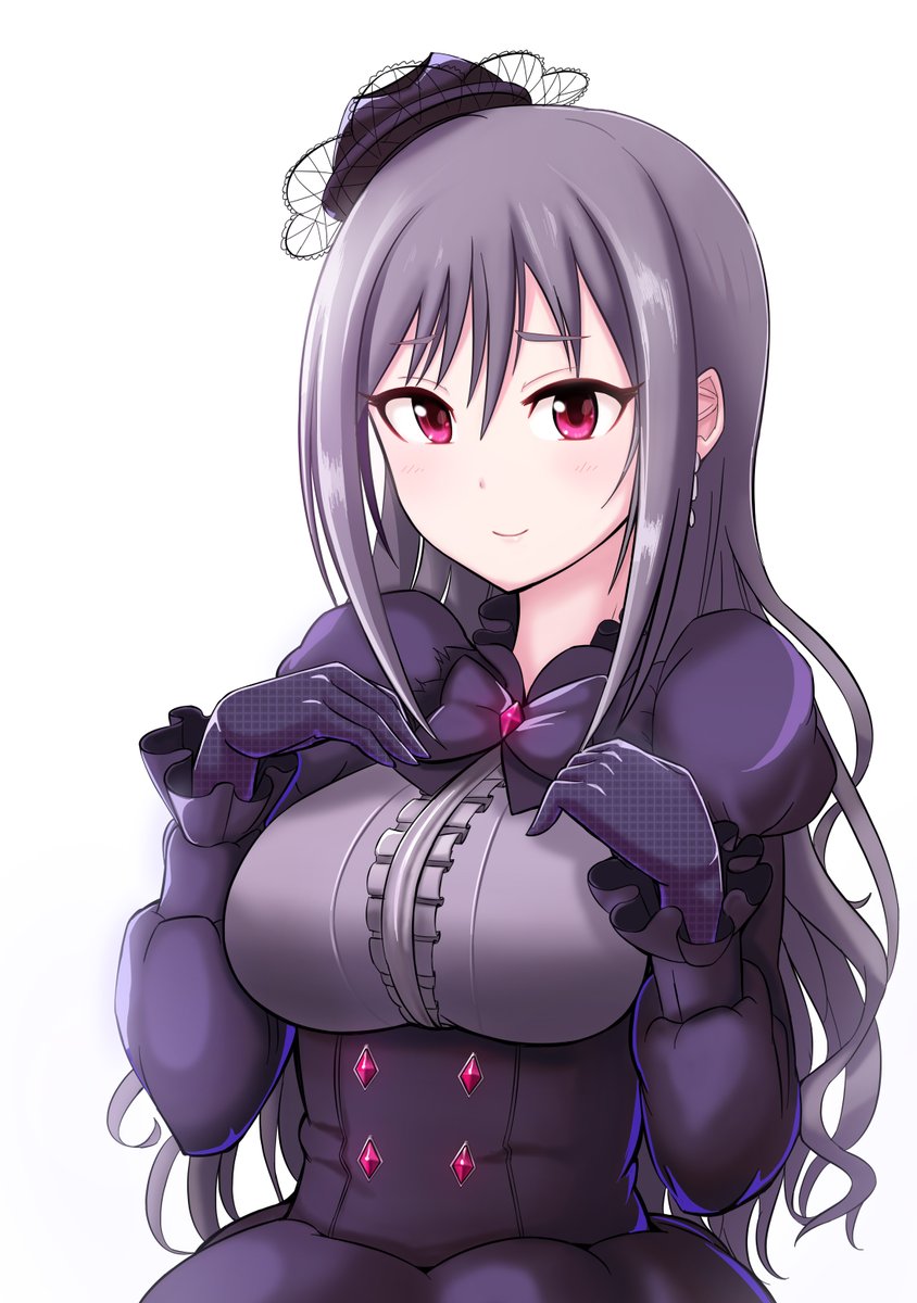 alternate_hairstyle bombap breasts framed_breasts gloves gothic_lolita hands_on_own_chest hat highres idolmaster idolmaster_cinderella_girls idolmaster_cinderella_girls_starlight_stage kanzaki_ranko large_breasts lolita_fashion long_hair red_eyes silver_hair simple_background smile solo underbust