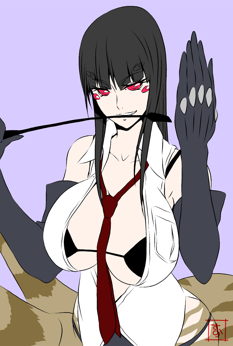 alternate_hair_color arachne between_breasts black_hair breasts carapace cowboy_shot elbow_gloves extra_eyes eyes_visible_through_hair gloves insect_girl large_breasts long_hair long_legs_breed_(monster_musume) monster_girl monster_musume_no_iru_nichijou multiple_legs necktie necktie_between_breasts open_clothes open_shirt purple_background red_eyes riding_crop s-now shirt signature simple_background smile solo spider_girl