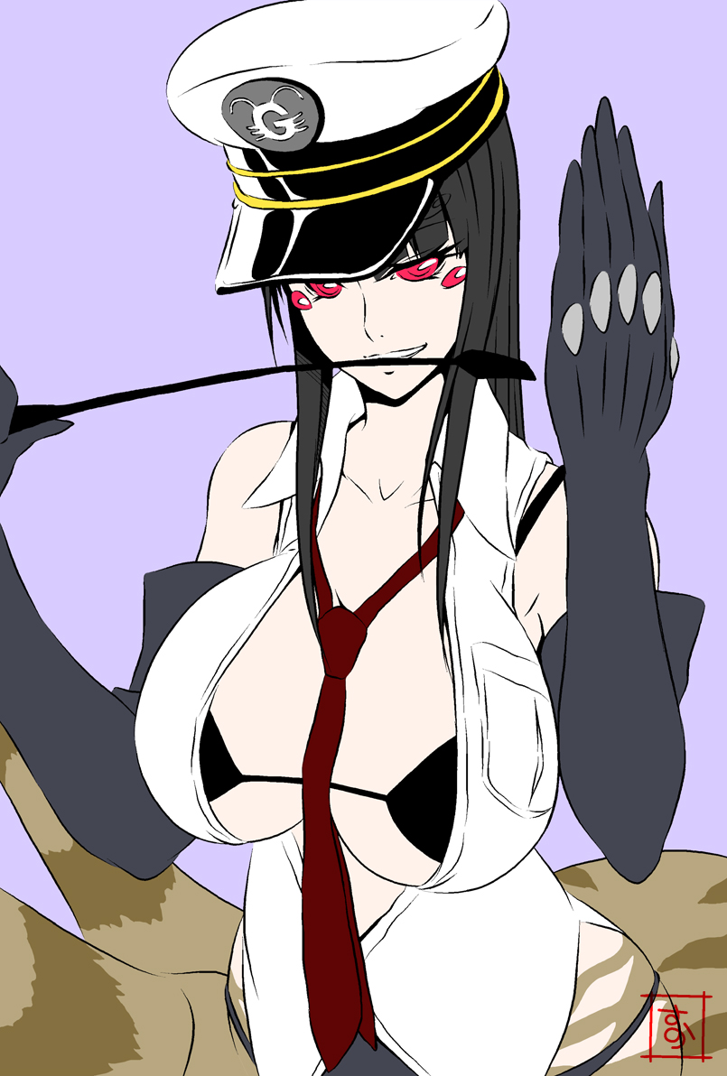 alternate_hair_color arachne between_breasts black_hair breasts carapace cowboy_shot elbow_gloves extra_eyes gloves hat insect_girl large_breasts long_hair long_legs_breed_(monster_musume) monster_girl monster_musume_no_iru_nichijou multiple_legs necktie necktie_between_breasts open_clothes open_shirt peaked_cap purple_background red_eyes riding_crop s-now shirt signature simple_background smile solo spider_girl