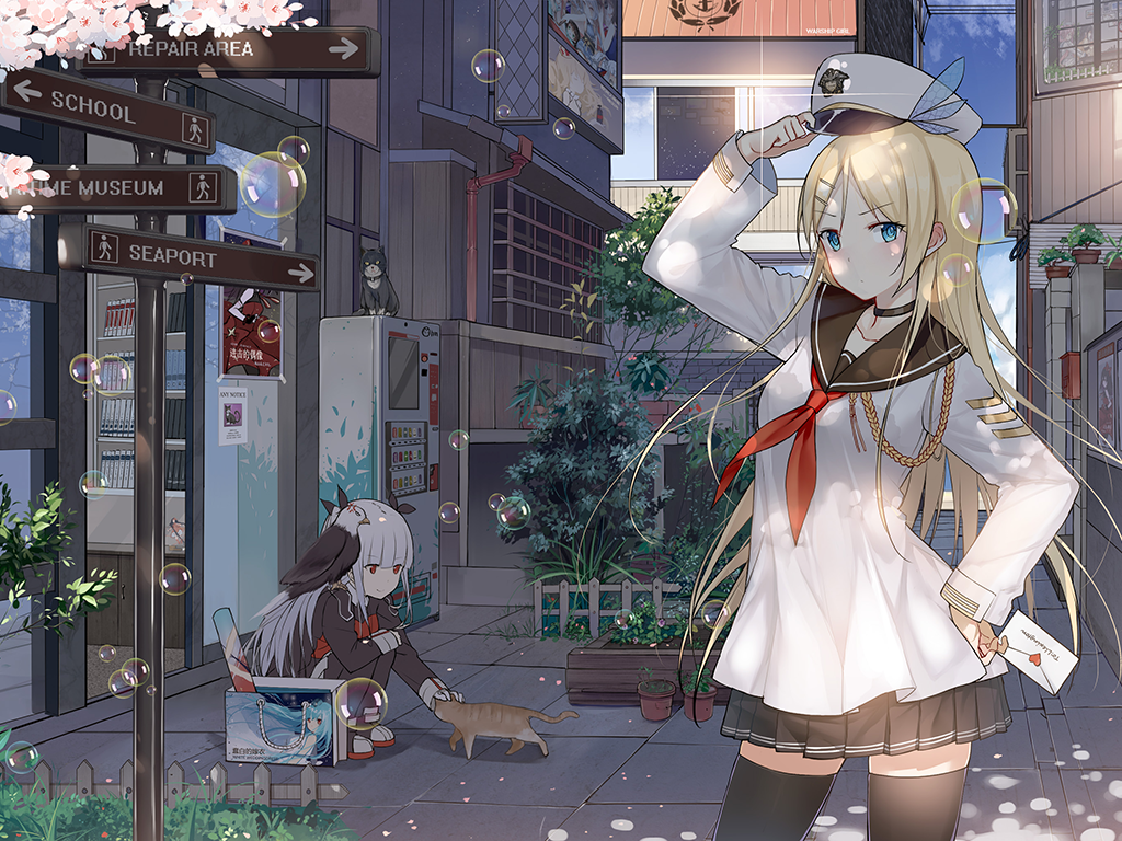 adjusting_clothes adjusting_hat aiguillette alley animal animal_on_shoulder aoba_(zhan_jian_shao_nyu) arm_up bag bell_mccamp_(zhan_jian_shao_nyu) bird bird_on_shoulder black_jacket black_legwear black_ribbon black_skirt blonde_hair blue_eyes blue_sky book bookshelf bubble building cat choker copyright_name dappled_sunlight day eagle essex_(zhan_jian_shao_nyu) fence hair_ornament hair_ribbon hairclip hand_on_headwear hand_on_hip hat jacket lens_flare letter long_hair long_sleeves looking_at_another looking_at_viewer miniskirt multiple_girls official_art open_window outdoors pavement peaked_cap petting plant pleated_skirt poster_(object) potted_plant quincy_(zhan_jian_shao_nyu) red_eyes ribbon sailor saratoga_(zhan_jian_shao_nyu) shade shi-chen shirt shop shopping_bag sign signpost skirt sky squatting standing sunlight thighhighs vending_machine wall white_hair white_hat white_shirt white_skirt window zettai_ryouiki zhan_jian_shao_nyu