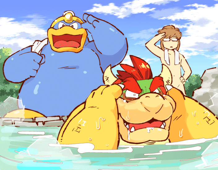 blush bowser cloud drooling embarrassed eyewear garousuki glasses hot_spring king_dedede kirby_(series) link lovesick male male/male mario_bros nintendo nude outside overweight saliva steam sweat the_legend_of_zelda towel tree video_games water