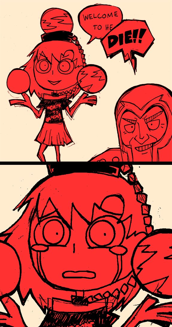 1girl 2koma close-up clothes_writing comic crying crying_with_eyes_open english grin hat hecatia_lapislazuli helmet limited_palette magneto off_shoulder setz shirt sketch skirt smile t-shirt tears touhou x-men
