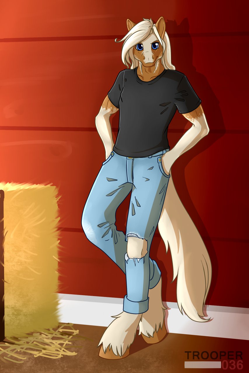 2013 against_wall anthro blue_eyes brown_fur clothed clothing cream_fur cream_hair digital_media_(artwork) equine front_view fur hands_in_pockets hay hi_res hooves horse jenel_silvermane leaning leaning_back looking_at_viewer male mammal multicolored_fur pants shadow shirt smile solo torn_clothing trooper036 two_tone_fur watermark