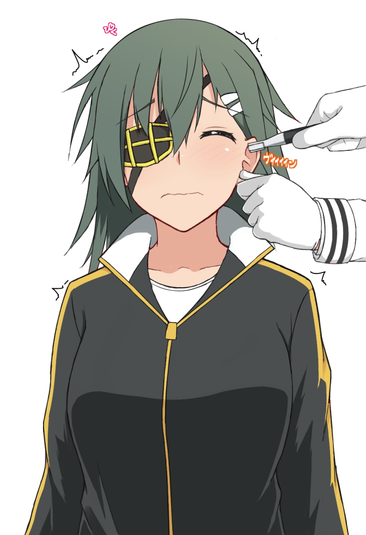 alternate_costume blush breasts closed_eyes commentary_request eyepatch gloves green_hair hair_between_eyes hair_ornament hairclip jacket kantai_collection kiso_(kantai_collection) long_sleeves medium_breasts nikonikosiro short_hair solo_focus track_jacket trembling wavy_mouth white_gloves zipper