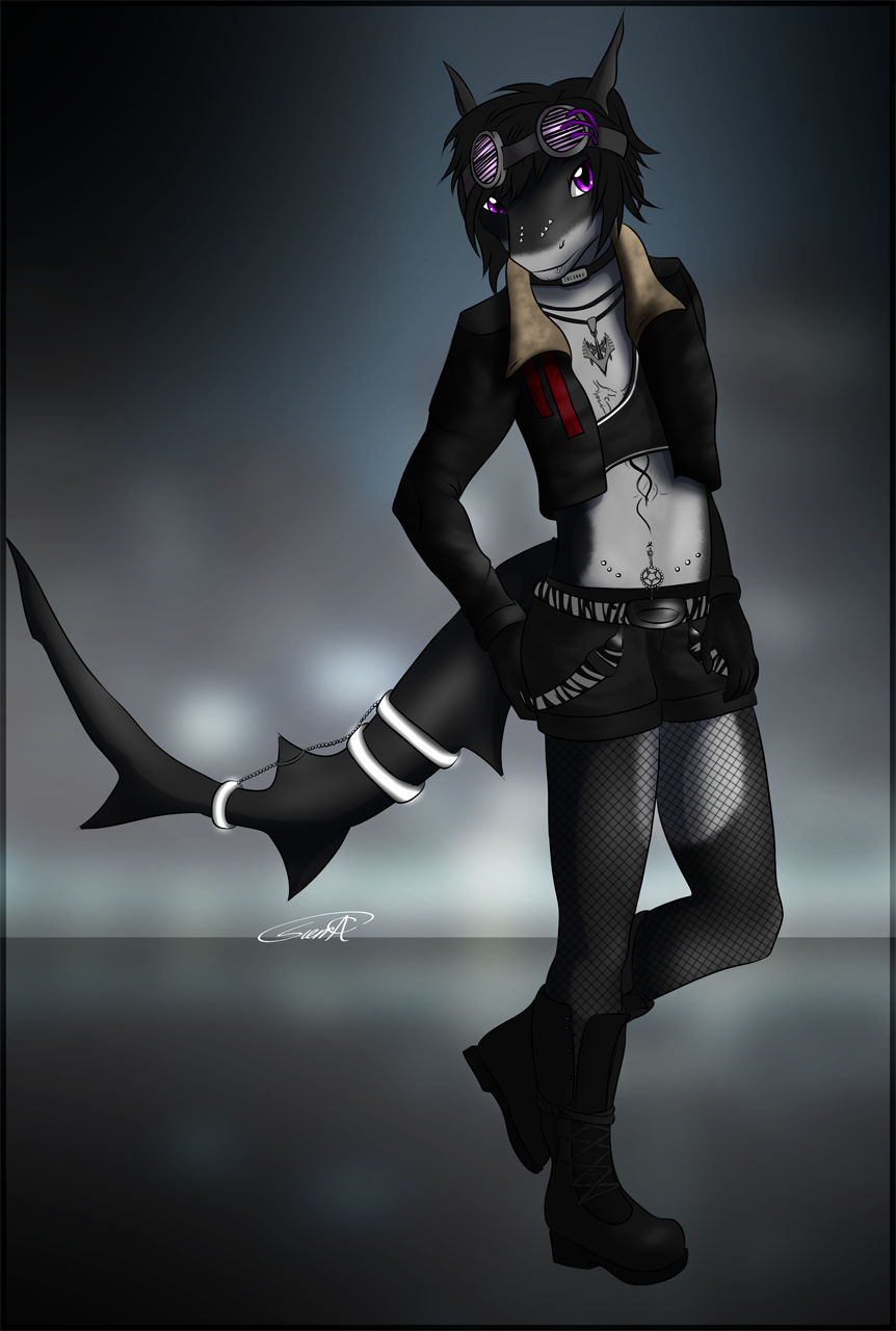 anthro clothed clothing crossdressing eyewear facial_piercing fish girly goggles jewelry lip_piercing male marine necklace nose_piercing open_jacket piercing shark sierraex smile solo standing