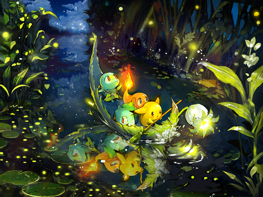 blue_eyes blush boat bulbasaur charmander closed_mouth cloud fire fireflies flower forest gen_1_pokemon glowing_flower gokuma lantern leaf leaf_boat light_particles lily_pad looking_down looking_up nature night night_sky no_humans outdoors paddle pikachu plant pokemon pokemon_(creature) red_eyes reflection ripples river sky squirtle star_(sky) starry_sky surprised tree water watercraft wavy_mouth