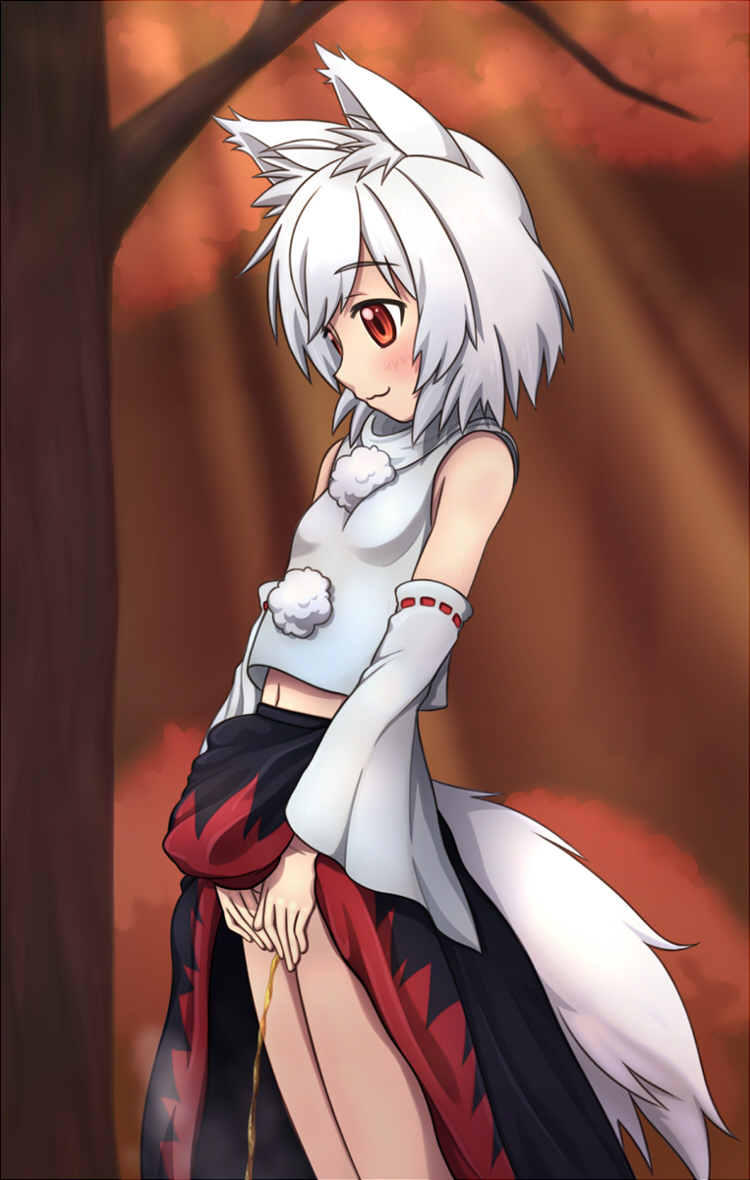 :3 animal_ears autumn autumn_leaves black_skirt blush breasts closed_mouth covering covering_crotch detached_sleeves gunshou inubashiri_momiji leaf_print leaning_back maple_leaf_print midriff navel outdoors pee peeing pom_pom_(clothes) profile red_eyes shirt short_hair skirt skirt_lift small_breasts smile solo standing steam sunlight tail touhou tree turtleneck white_hair white_shirt white_tail wolf_ears wolf_tail