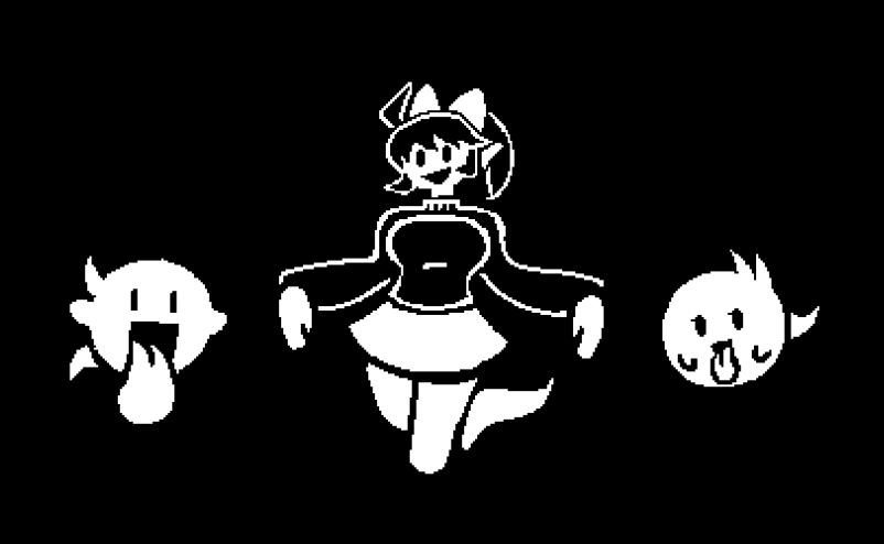 black_and_white bow breasts eyelashes female ghost group hair male marina_(noill) monochrome o-den open_mouth smile spirit tongue tongue_out undertale video_games