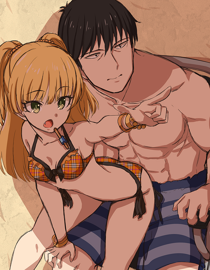 1boy 1girl :o bangs between_legs bikini black_hair black_ribbon blonde_hair bracelet breasts cleavage collarbone eyebrows_visible_through_hair fang frilled_bikini_top from_above front-tie_bikini front-tie_top girl_on_top green_eyes hair_ornament hand_between_legs hand_on_another's_knee idolmaster idolmaster_cinderella_girls index_finger_raised jewelry jougasaki_rika long_hair looking_up morino_shoutarou open_mouth orange_bikini outstretched_arm producer_(idolmaster_cinderella_girls_anime) ribbon side-tie_bikini sitting sitting_on_person sketch small_breasts striped swimsuit twintails