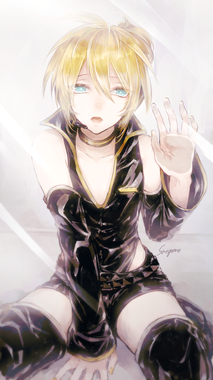 1boy artist_name bare_shoulders belt blonde_hair blue_eyes boots choker collarbone detached_sleeves eyelashes glass highleg highleg_leotard kagamine_len leotard looking_at_viewer male_focus nail_polish open_mouth project_diva project_diva_2nd saegome short_ponytail short_shorts shorts sitting sleeveless_shirt solo speaker thigh_boots v-neck vocaloid yellow_nails zettai_ryouiki