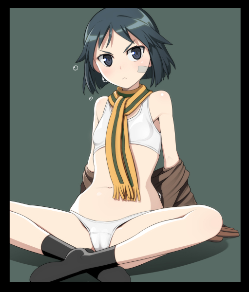 :&lt; arm_support bandage_on_face bandaid bandaid_on_face black_border black_eyes black_hair border bra brave_witches breasts cameltoe caryo gloves kanno_naoe nanashino navel off_shoulder panties short_hair sitting small_breasts solo sports_bra underwear white_bra white_panties world_witches_series