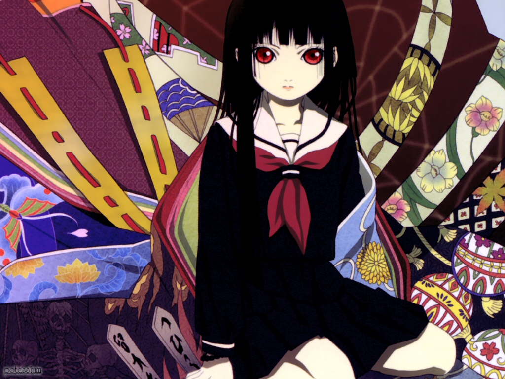 black_hair enma_ai jigoku_shoujo red_eyes school_uniform seifuku serafuku wallpaper