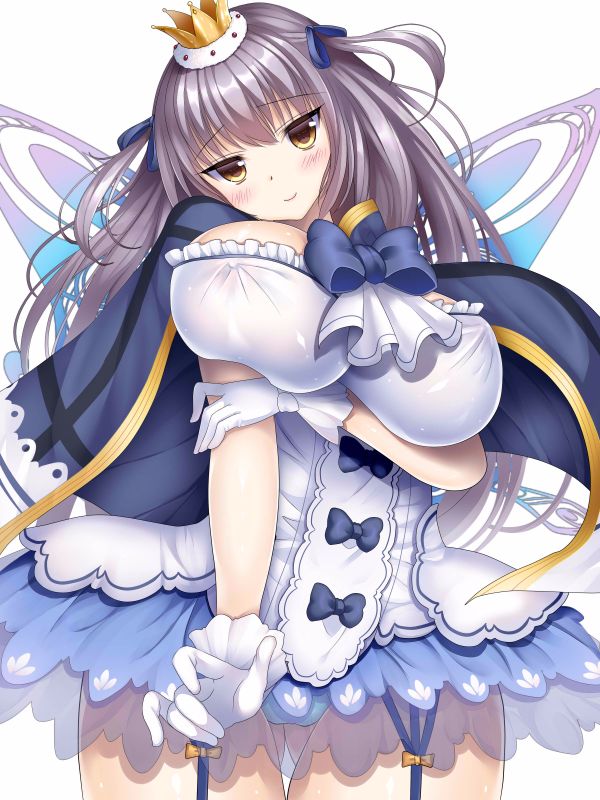 1girl areolae blue_panties blush breast_hold breast_lift breasts brown_eyes butterfly_wings cape crown curvy dress erect_nipples female garter_straps gloves grey_hair inma_kourin_devil_carnival large_breasts long_hair looking_at_viewer miniskirt nipples panties see-through seta_(monyun) short_twintails simple_background skirt smile solo standing thick_thighs thigh thigh_gap twintails white_background white_gloves wide_hips wings