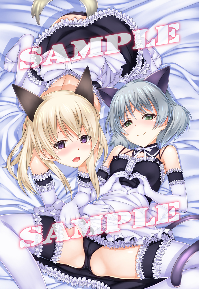 animal_ears black_panties blonde_hair blush cat_ears cat_tail detached_collar detached_sleeves eila_ilmatar_juutilainen green_eyes grey_hair heart heart_hands lace lace-trimmed_thighhighs looking_at_viewer maid multiple_girls okina_ika on_bed open_mouth panties purple_eyes sample sanya_v_litvyak skirt skirt_lift strike_witches tail thighhighs underwear world_witches_series