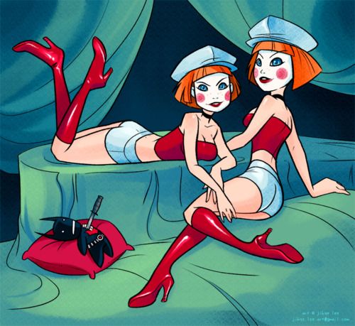 2girls ass batman_beyond blush_stickers boots cabbie_hat character_doll choker cleavage dc_comics dcau dee_dee_(dc) deidre_dennis delia_dennis freckles green_eyes hand_on_leg hat high_heel_boots makeup multiple_girls on_stomach orange_hair pillow red_lipstick red_shoes shorts siblings sisters strapless tubetop twins white_hat white_shorts