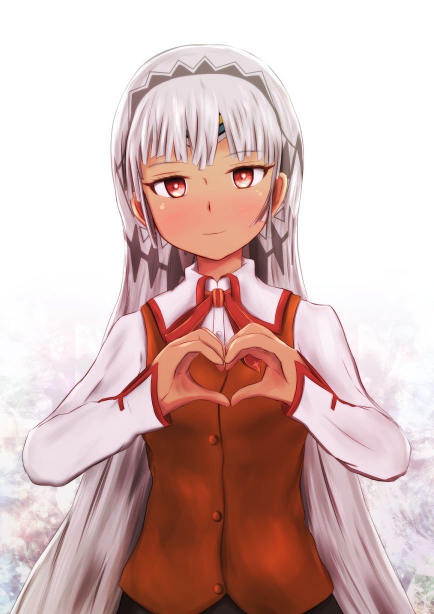 altera_(fate) alternate_costume dark_skin fate/grand_order fate_(series) haoto_(arnica_leaf) heart heart_hands highres light_smile long_hair red_eyes school_uniform silver_hair solo veil very_long_hair